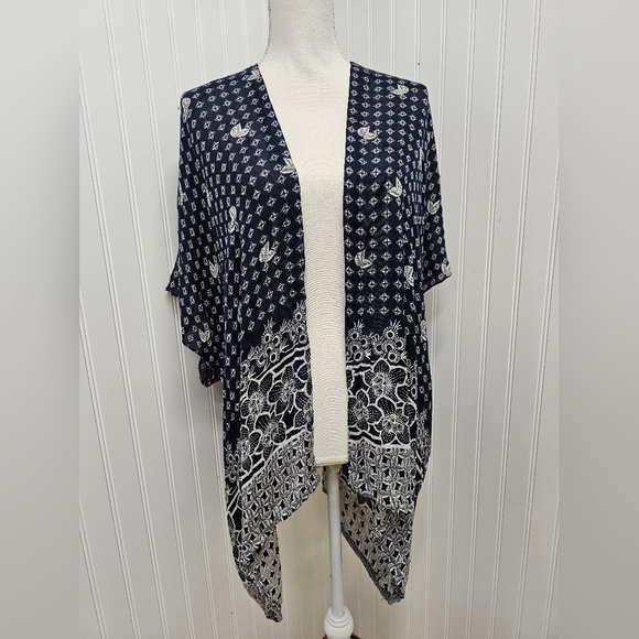 Navy and White Patterned Kimono Cardigan Light Weight Ann Taylor Loft M/L - Picture 1 of 4